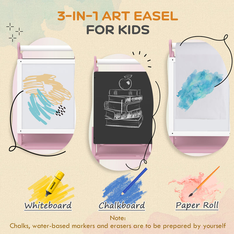 3 in 1 Kids Easel with Paper Roll and Adjustable Height Ideal for Drawing and Learning Pink AOSOM