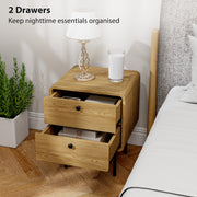 Bedside Table with Two Drawers and Steel Legs for Bedroom Storage Oak