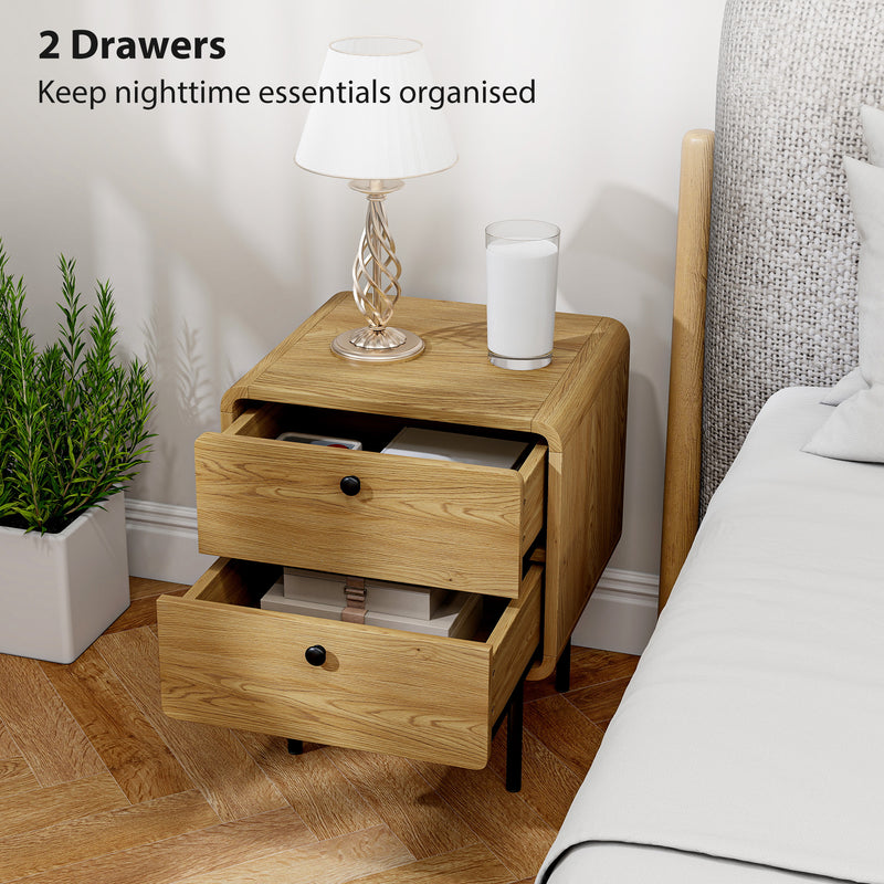 Bedside Table with Two Drawers and Steel Legs for Bedroom Storage Oak