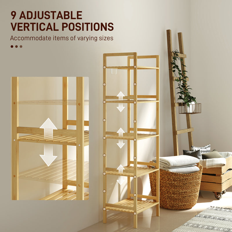 5 Tier Bamboo Bathroom Storage Shelf Freestanding Adjustable Rack Natural Wood