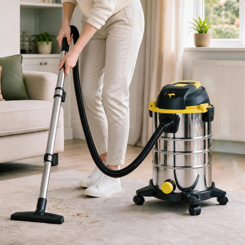Wet and Dry Vacuum Cleaner for Fast Spill and Dust Removal with Large 30L Bin Silver Black Yellow