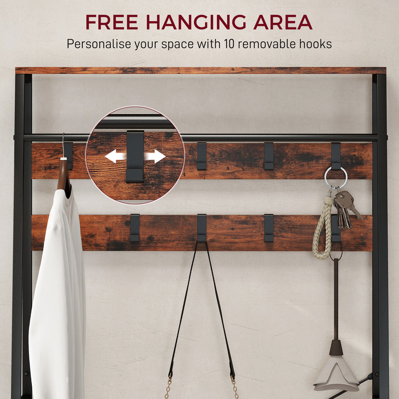 6 in 1 Industrial Hallway Organiser With Hooks and Shoe Bench For Entryway Brown Black