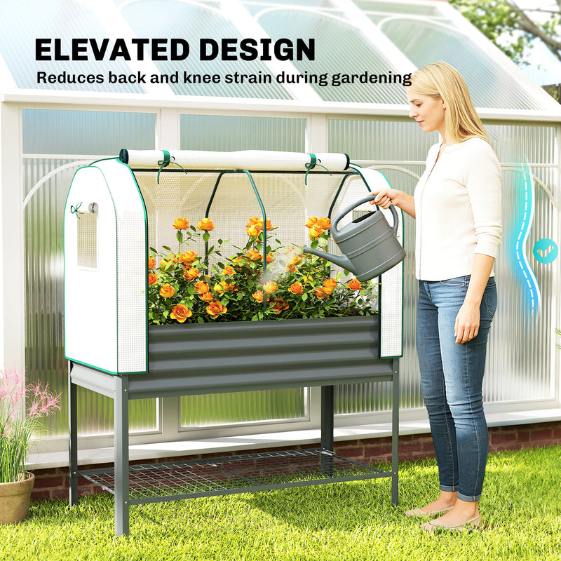 Raised Garden Planter With Greenhouse Cover And Tool Shelf For Easy Gardening Dark Grey Outsunny