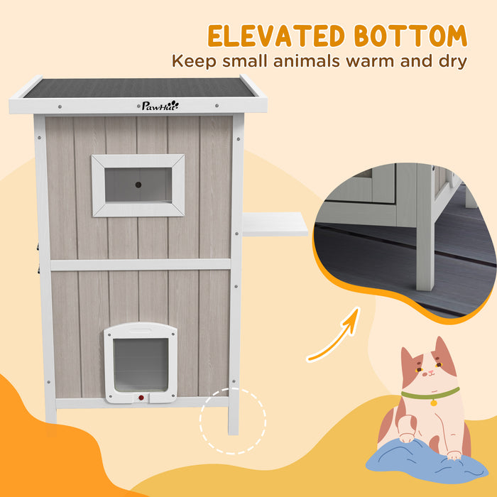 2 Tier Wooden Outdoor Cat Shelter with Removable Base and Escape Doors, Light Grey