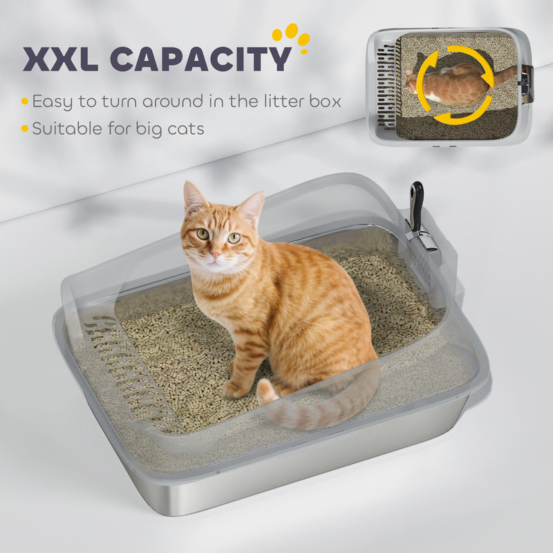 XXL Stainless Steel Cat Litter Box with High Sides and Scoop for Easy Cleaning, Silver