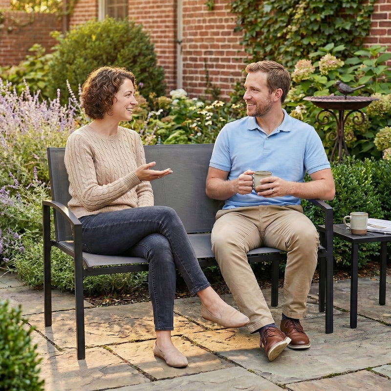2 Seater Garden Bench for Small Spaces with Quick Dry Mesh Seat and Curved Backrest, Grey
