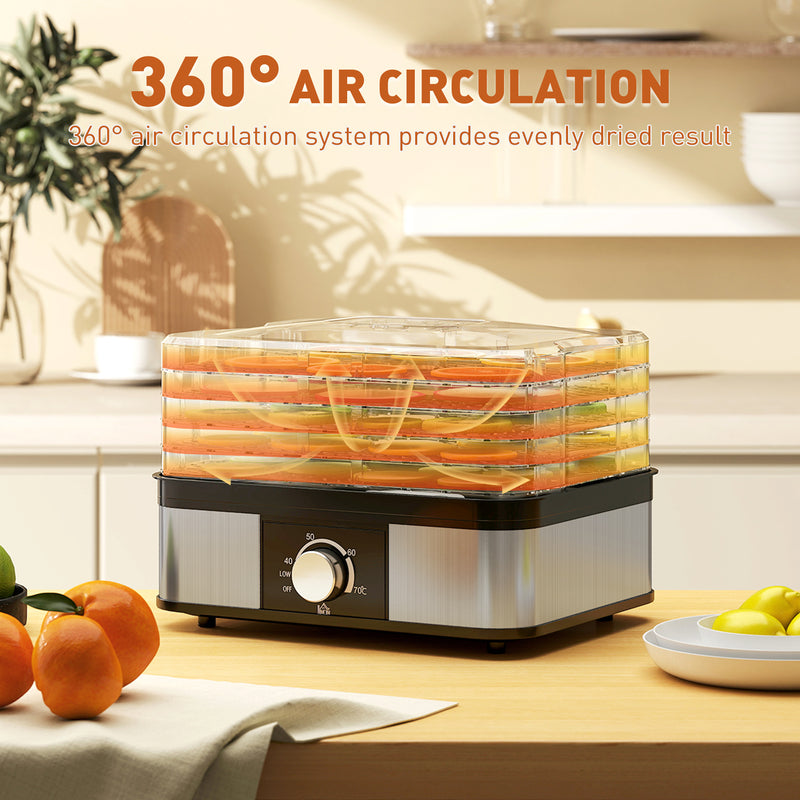 5 Tier Stainless Steel Food Dehydrator with Adjustable Temperature for Snacks and Jerky Black AOSOM