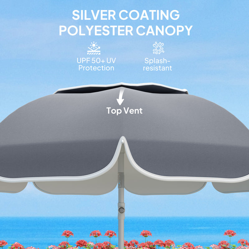 Grey Beach Umbrella with Sand Anchor Adjustable Tilt UPF50+ UV Protection and Carry Bag by Outsunny