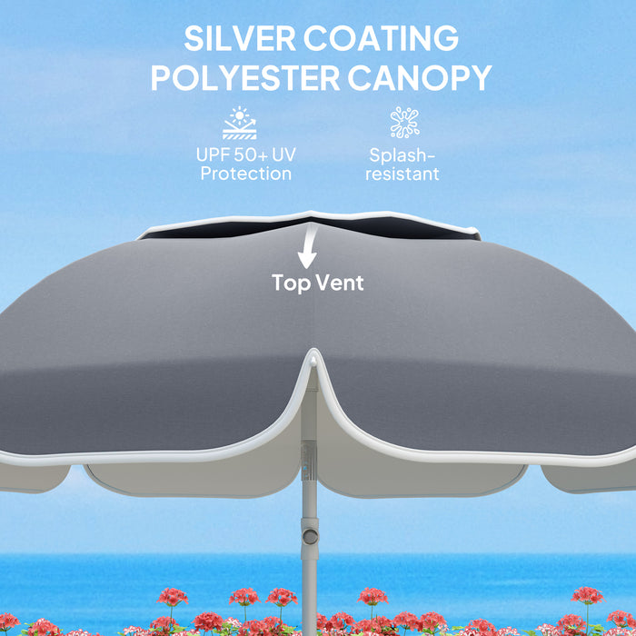 Grey Beach Umbrella with Sand Anchor Adjustable Tilt UPF50+ UV Protection and Carry Bag by Outsunny
