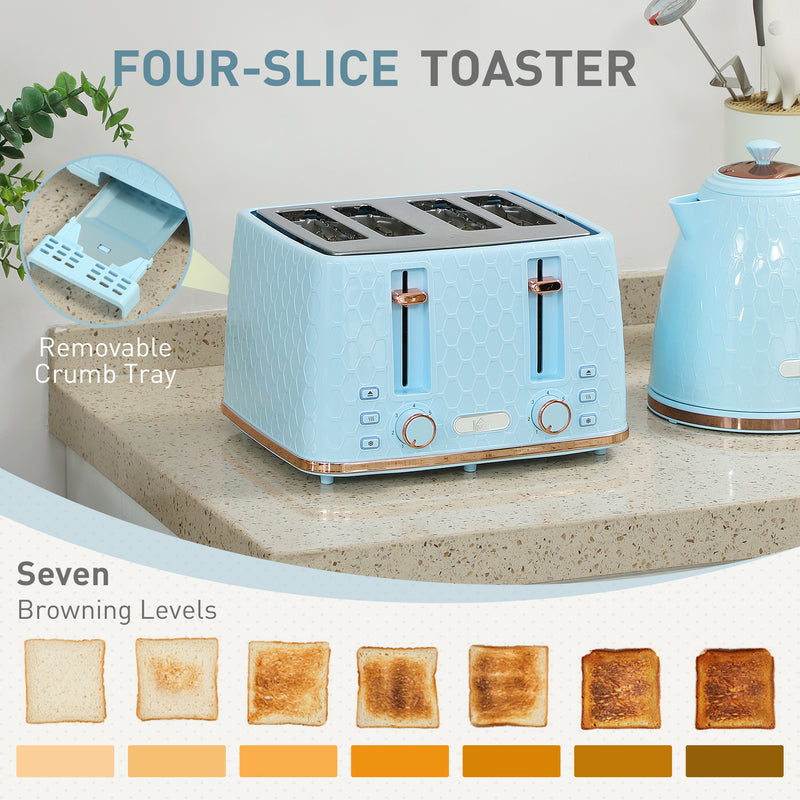 1.7L Fast Boil 3000W Jug Kettle and 4 Slice Toaster Set With Browning Control, Light Blue