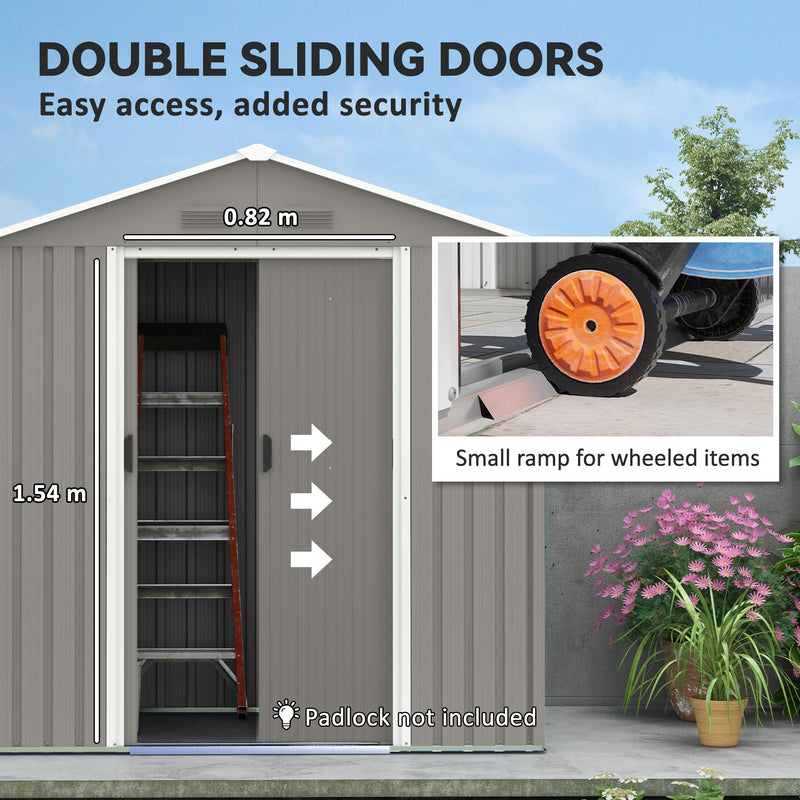 Metal Garden Storage Shed with Double Sliding Doors and Vents for Tools, Grey