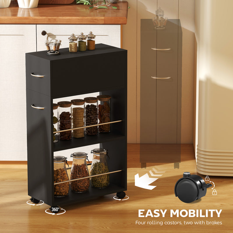 Slim Kitchen Storage Trolley with Drawer and Shelves for Narrow Spaces Black