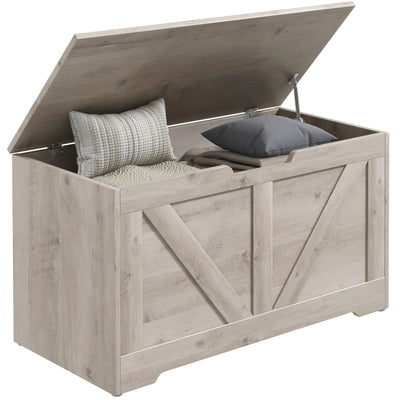 100L Grey Wood Effect Storage Box with Safety Hinges for Home Organisation by HOMCOM