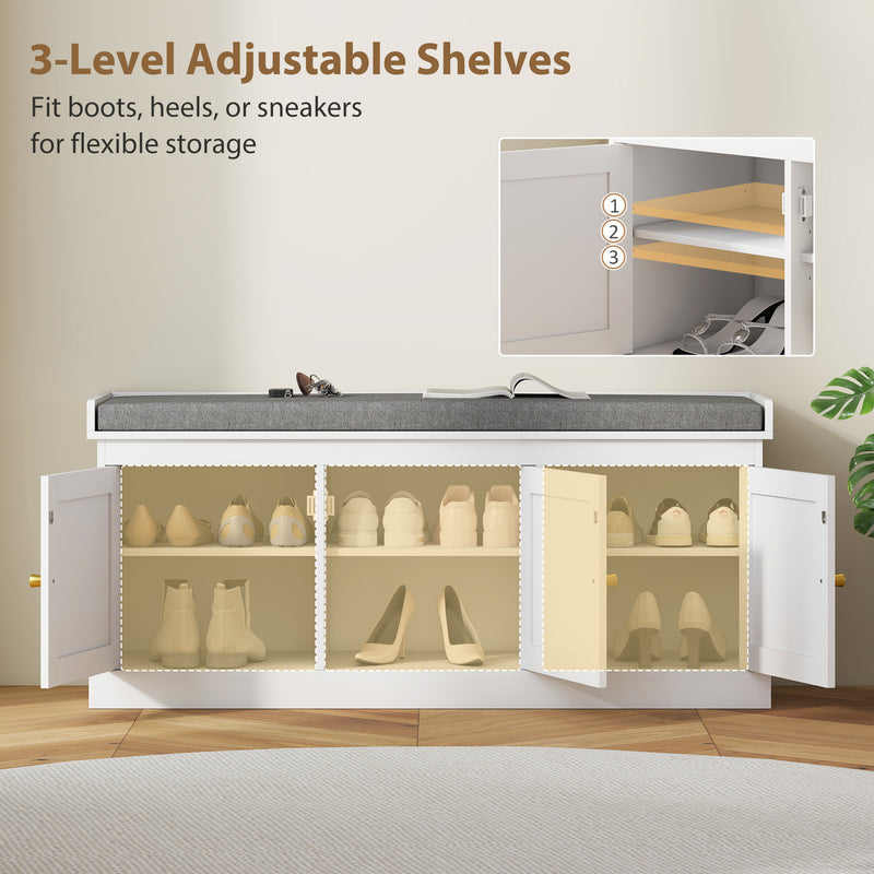 Shoe Storage Bench With Woven Rattan Doors And Padded Seat For Hallway, White, 105x35x47cm