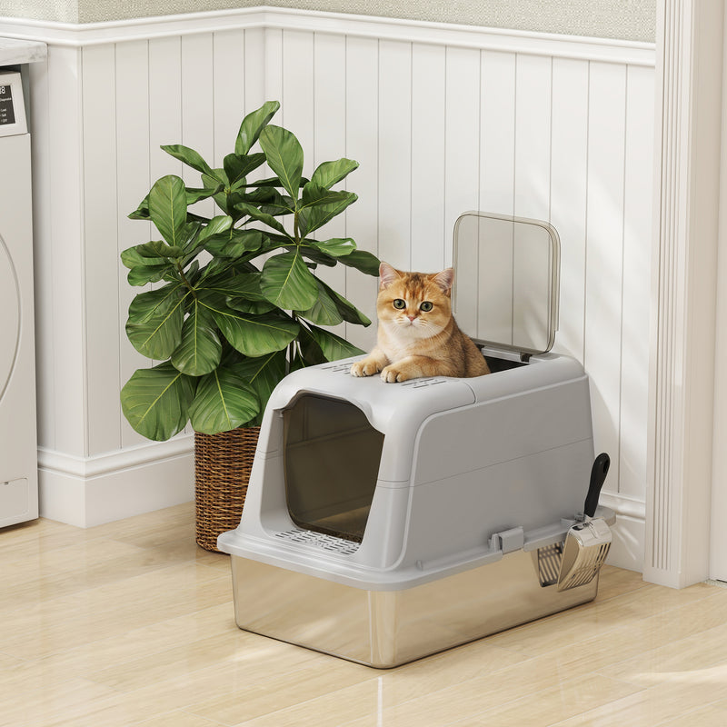 Enclosed Stainless Steel Litter Tray For Cleaner Floors, Scoop, 2 Doors, Light Grey