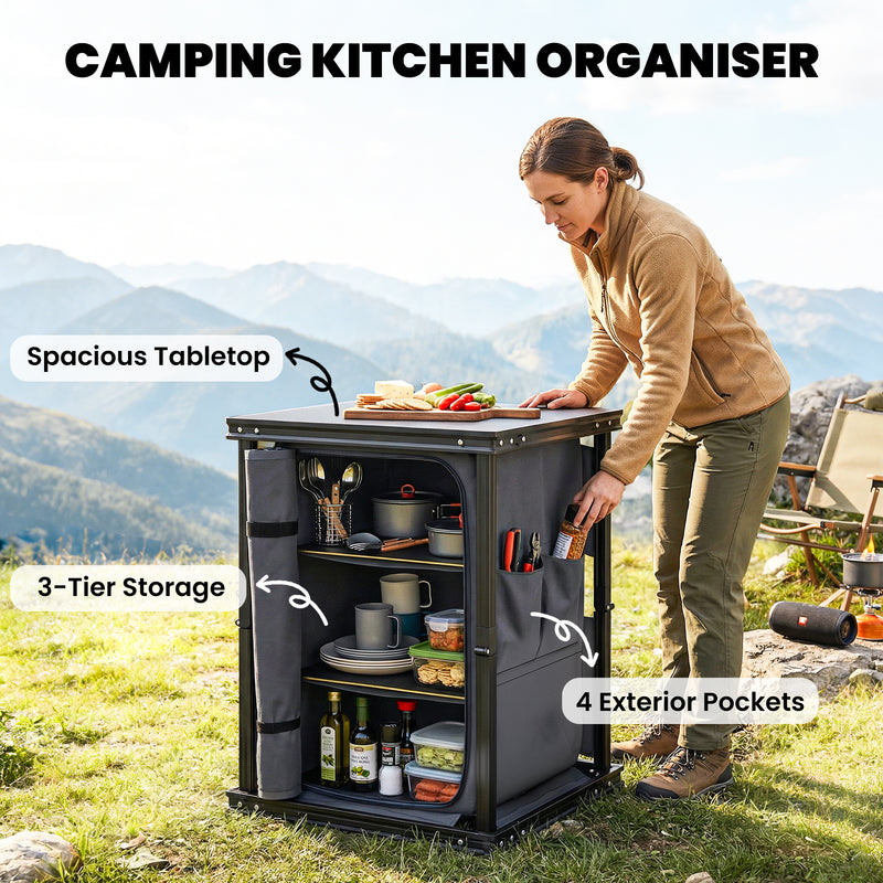 Camping Kitchen Unit with Shelves and Pockets for Organised Cooking Black