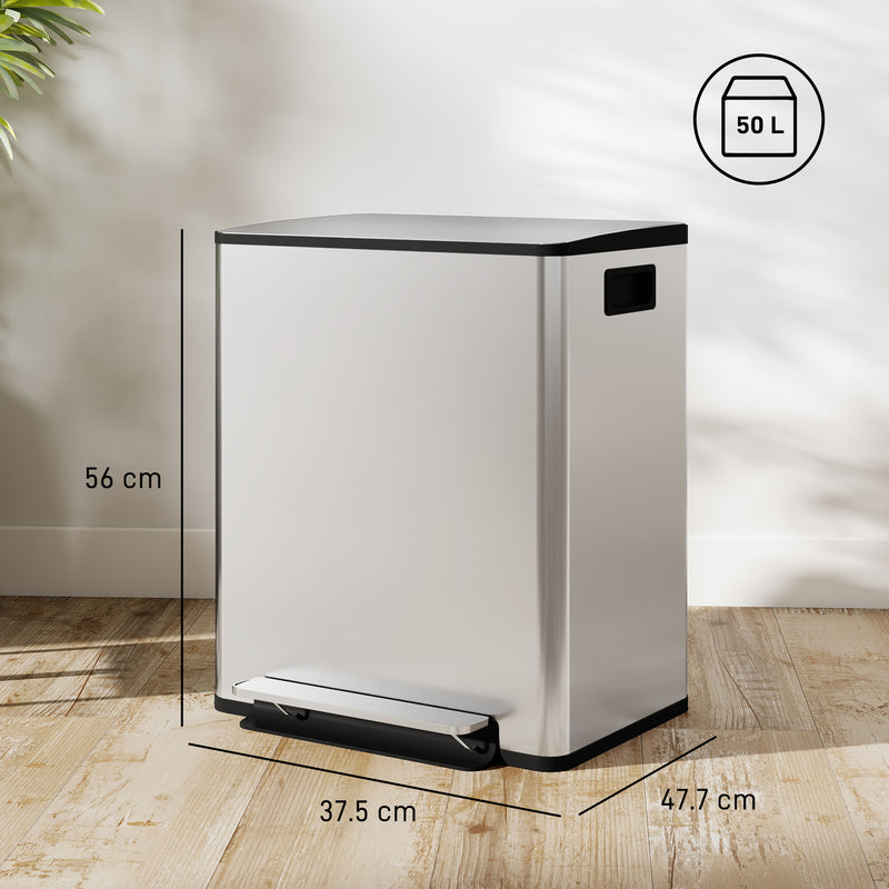 50L Dual Compartment  Recycling Bin For Kitchen With Deodoriser Holders Stainless Steel Silver