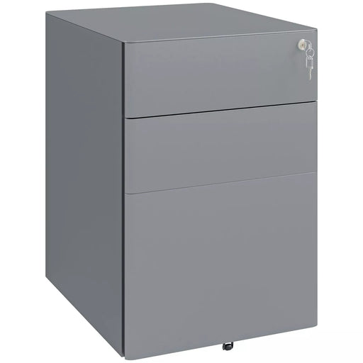 Image of a Grey 3 Drawer Under Desk Pedestal With Wheels and a Lock.