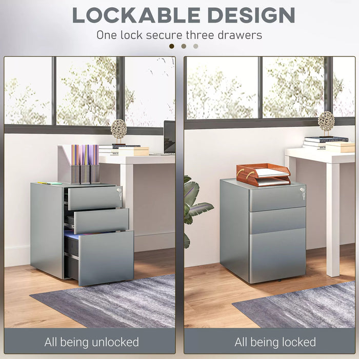 Image of a Grey 3 Drawer Under Desk Pedestal With Wheels and a Lock.