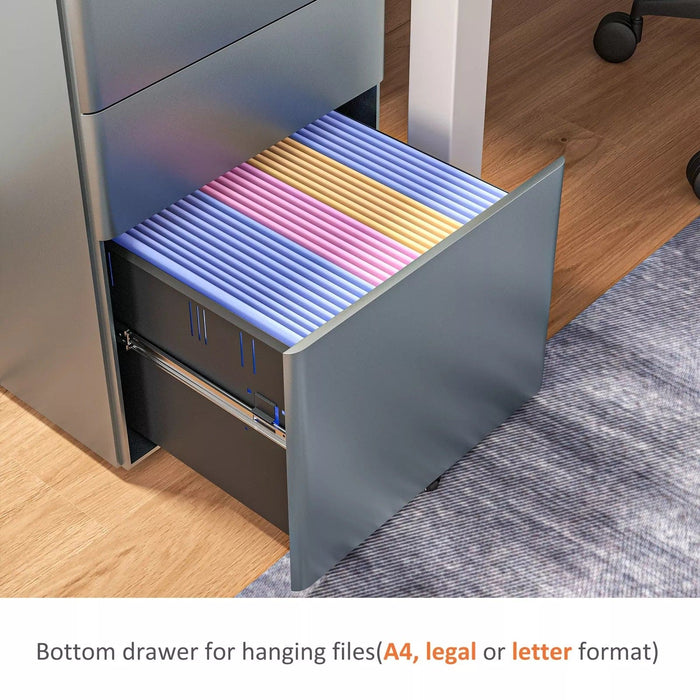 Image of a Grey 3 Drawer Under Desk Pedestal With Wheels and a Lock.