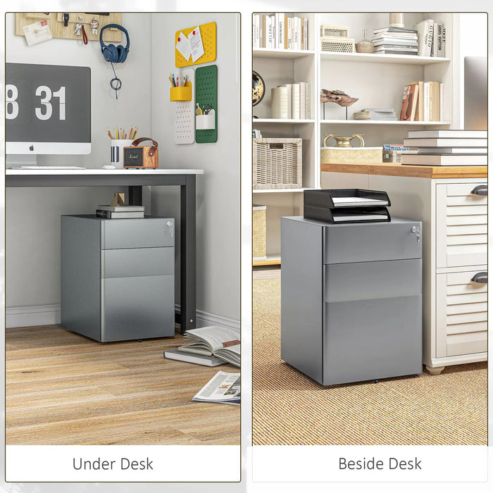 Image of a Grey 3 Drawer Under Desk Pedestal With Wheels and a Lock.