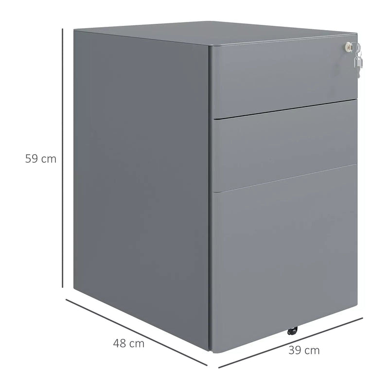 Image of a Grey 3 Drawer Under Desk Pedestal With Wheels and a Lock.