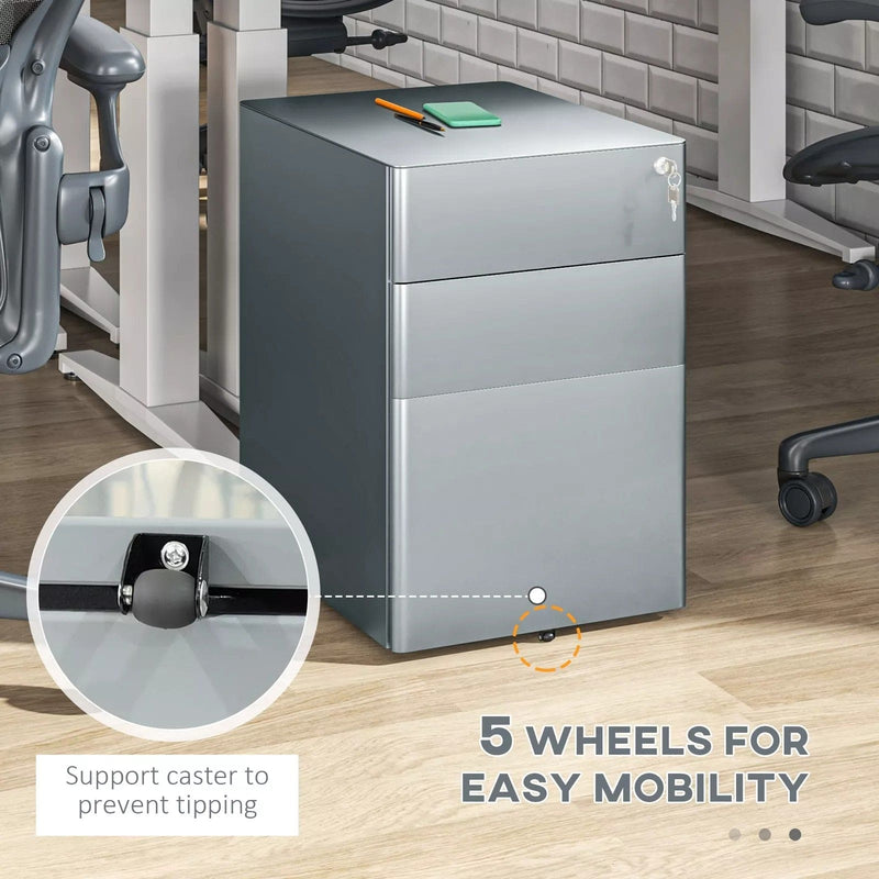 Image of a Grey 3 Drawer Under Desk Pedestal With Wheels and a Lock.