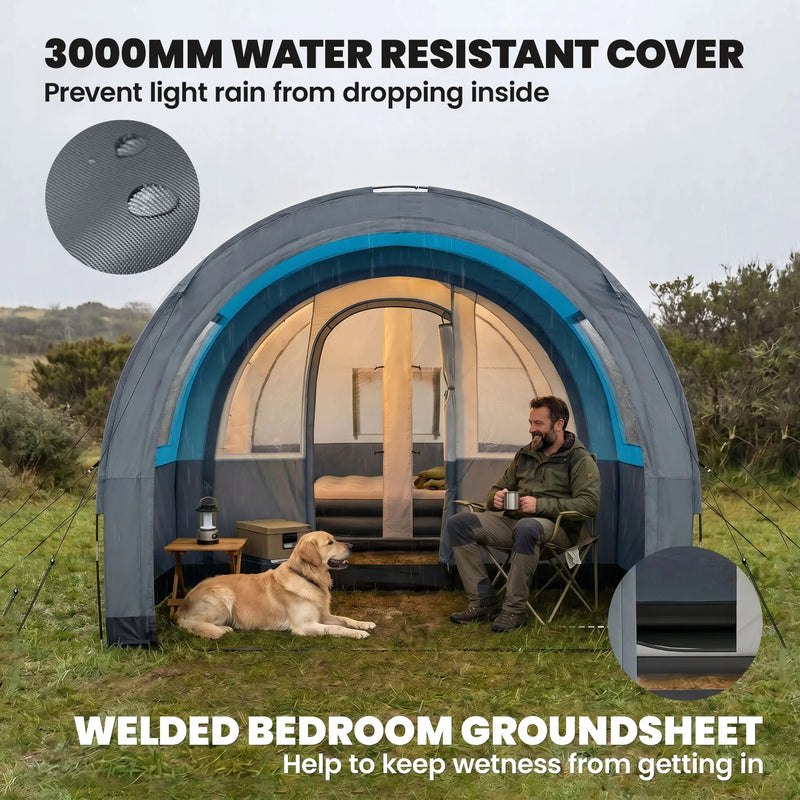 3-6 Person Tunnel Tent with Separate Sleeping and Living Areas, Mesh Windows, Grey & Blue