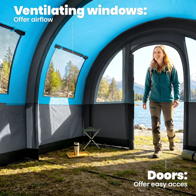 3-6 Person Tunnel Tent with Separate Sleeping and Living Areas, Mesh Windows, Grey & Blue