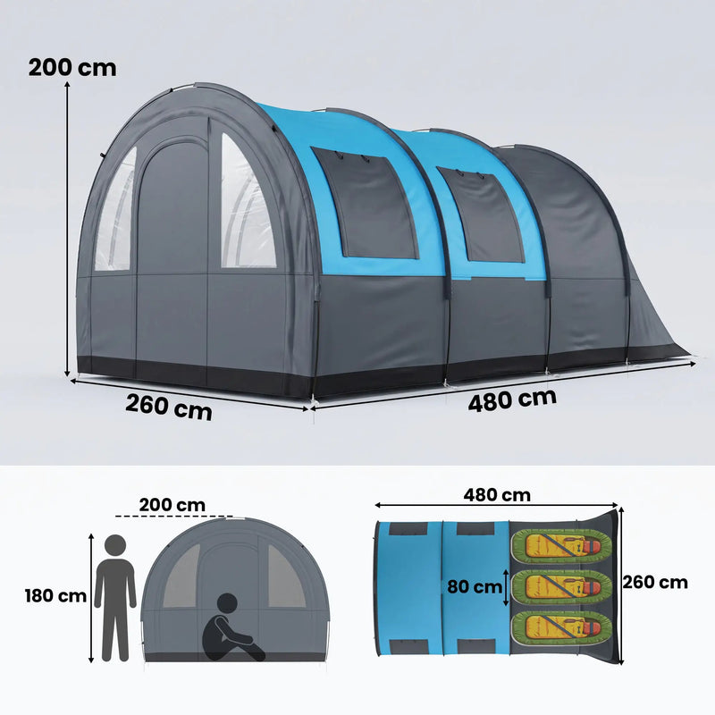 3-6 Person Tunnel Tent with Separate Sleeping and Living Areas, Mesh Windows, Grey & Blue