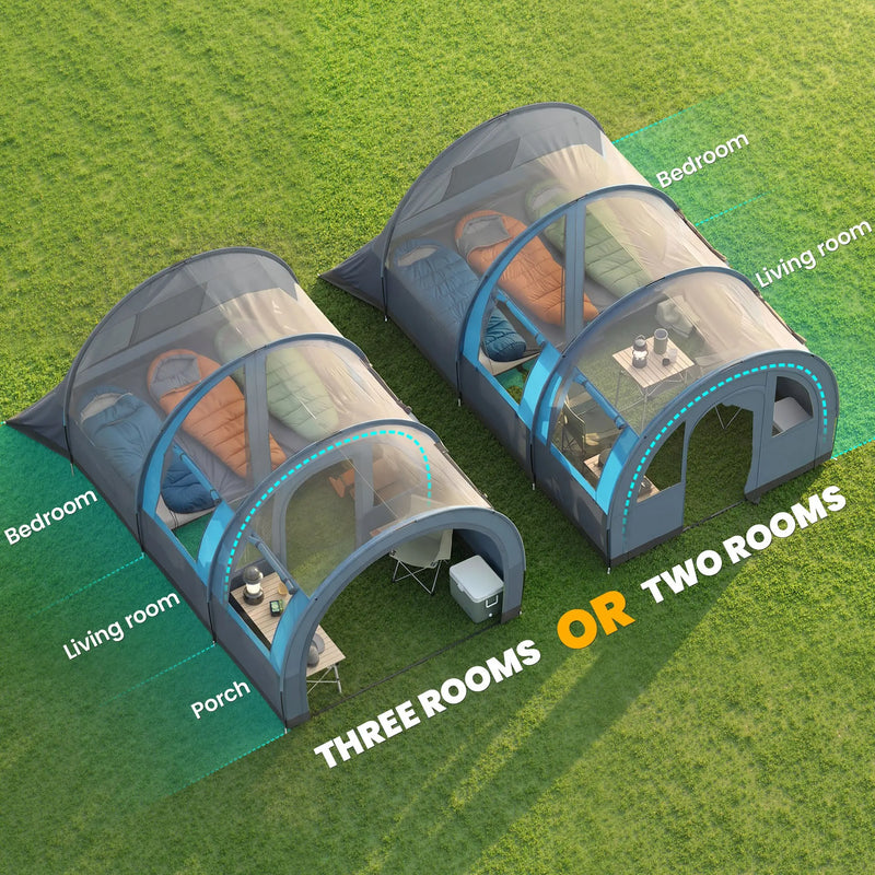 3-6 Person Tunnel Tent with Separate Sleeping and Living Areas, Mesh Windows, Grey & Blue