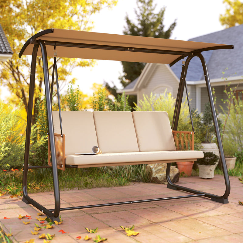 3 Seater Garden Swing Seat with Adjustable UPF30+ Canopy and Cushions for Shaded Outdoor Relaxing Sand Brown