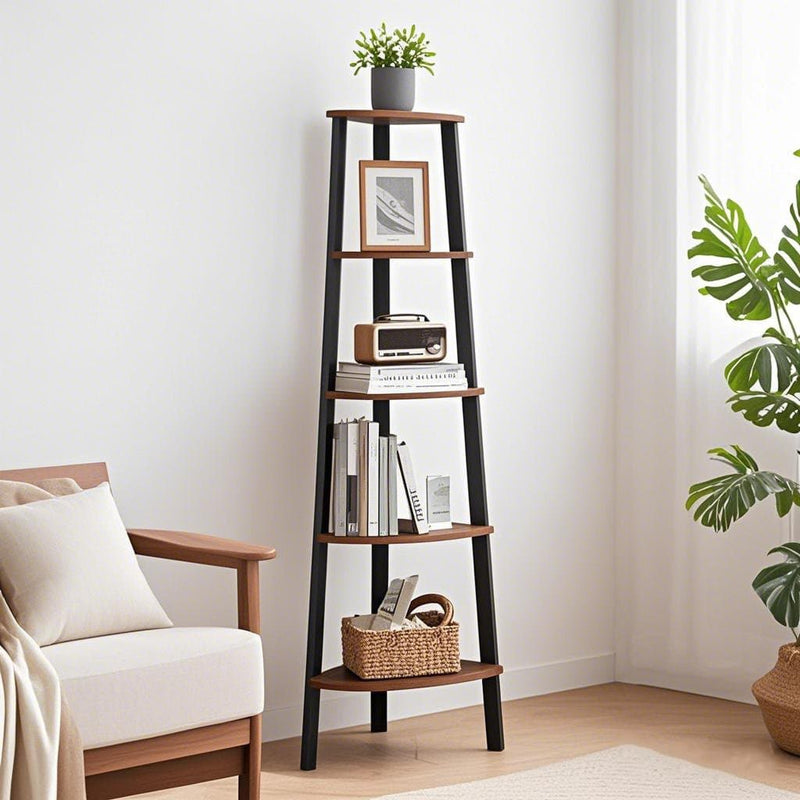5 Tier Corner Ladder Shelf Unit for Living Room Space Saving Wood Display by Vasagle