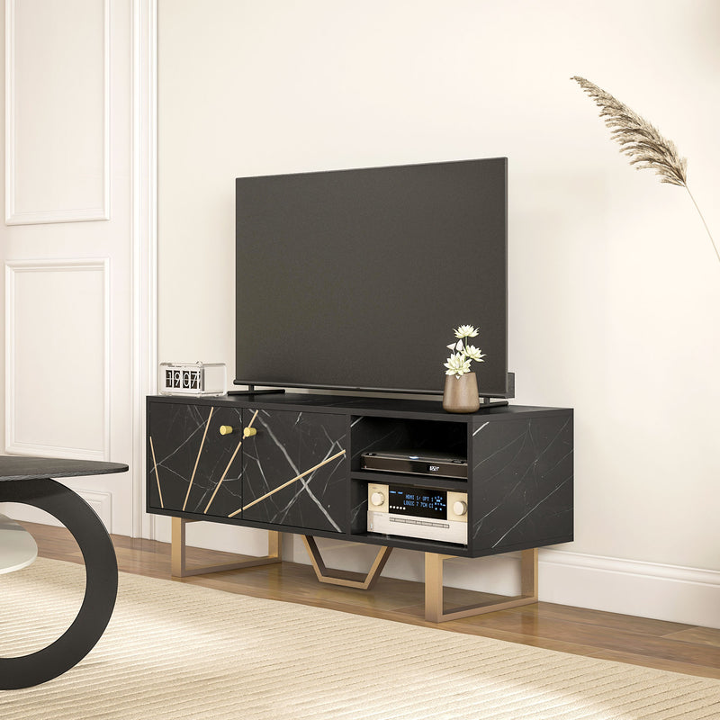 TV Stand Unit for TVs up to 50 Inches with Storage Shelves and Cupboard Black Marble Tone