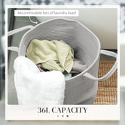 Cotton Rope Laundry Basket 36L With Easy Carry Handles For Clothes Storage, Grey