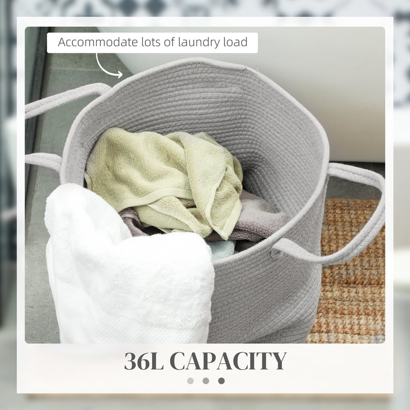 Cotton Rope Laundry Basket 36L With Easy Carry Handles For Clothes Storage, Grey