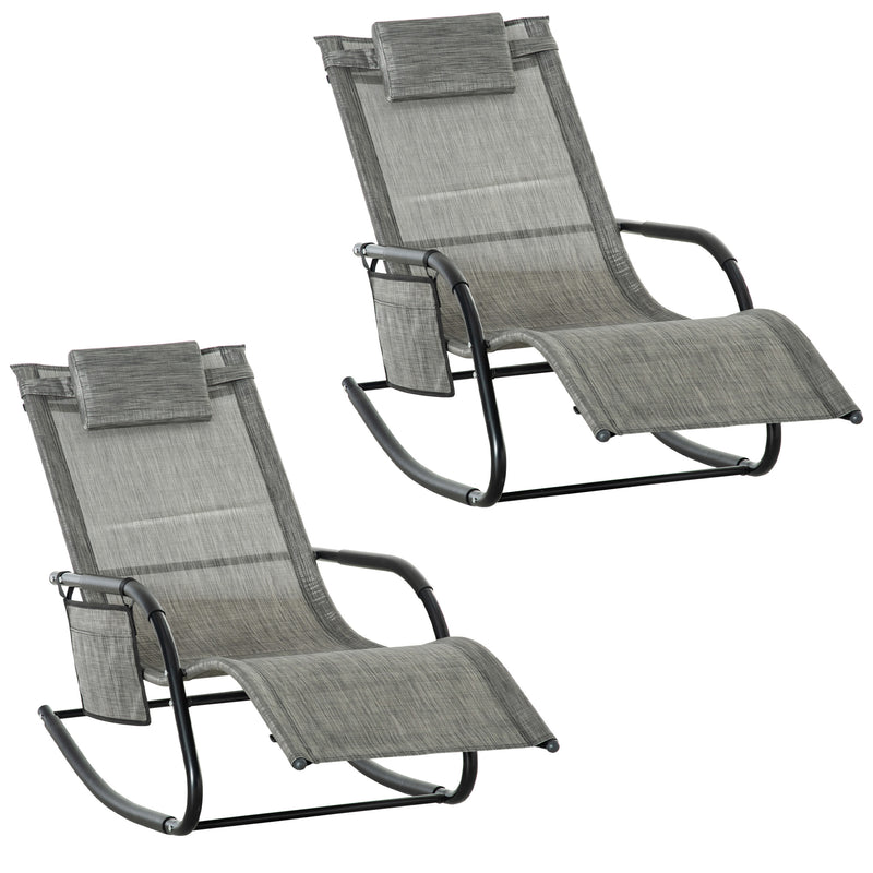 2 Piece Garden Rocking Chair Set With Mesh Lounger and Storage Bag for Patio Dark Grey AOSOM