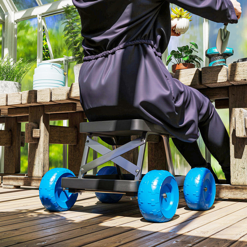 Blue Rolling Garden Seat with Wheels and Tool Tray for Weeding and Planting by Outsunny