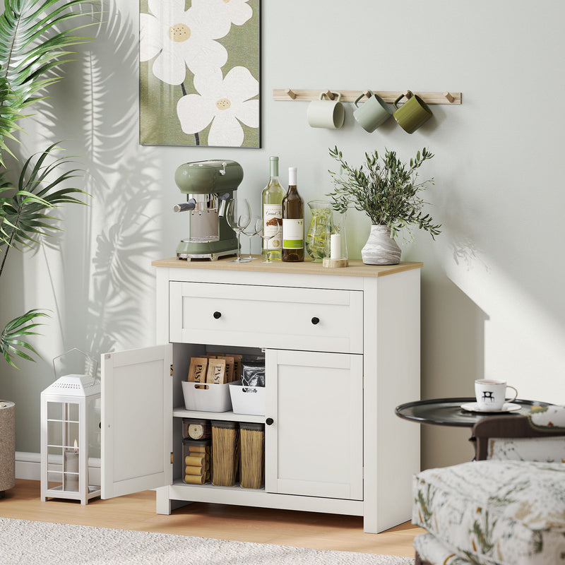 Modern White Wooden Kitchen Sideboard With Oak Top Large Drawer Double Doors and Adjustable Shelf