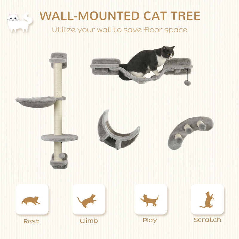 Wall Mounted Cat Climbing Set with Hammock and Steps for Indoor Cats Grey