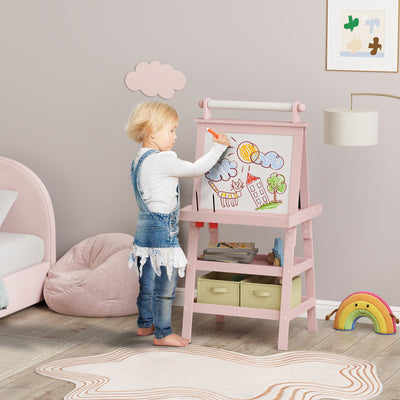 3 in 1 Kids Easel with Magnetic Whiteboard Chalkboard Paper Roll and Storage Baskets, Pink