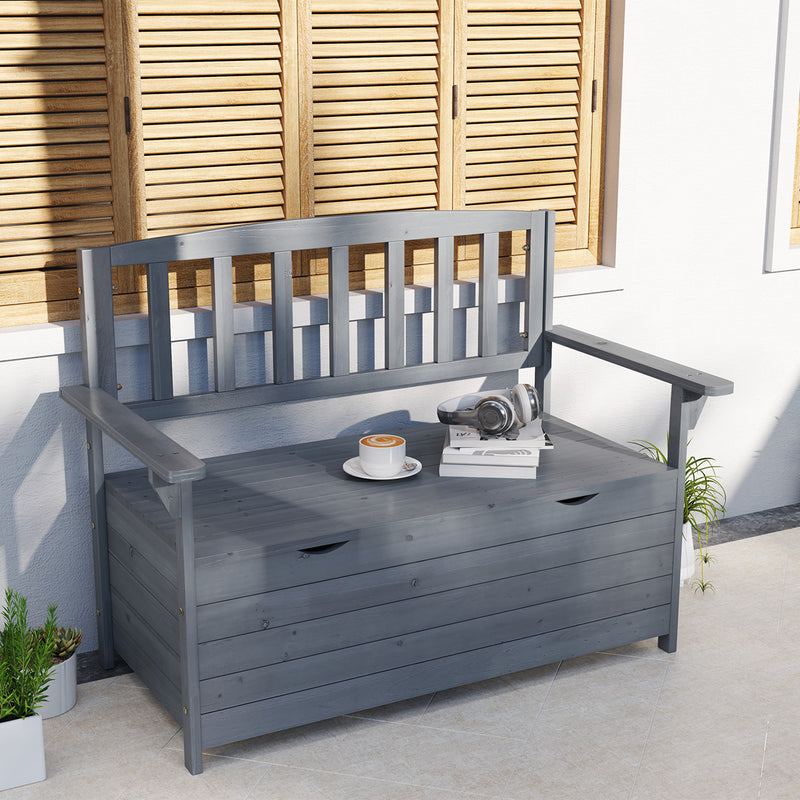 Grey Two Seater Wooden Garden Storage Bench With Storage by Outsunny