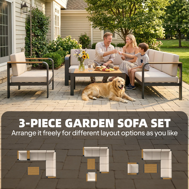 3-Piece Modular Garden Sofa Set with 12cm Cushions, L-Shaped Sofa and Coffee Table, Beige Outsunny