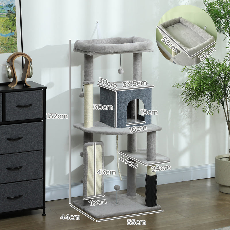 Light Grey 132cm Cat Tree with Scratching Posts Bed House Jumping Platform and Grooming Brush by PawHut