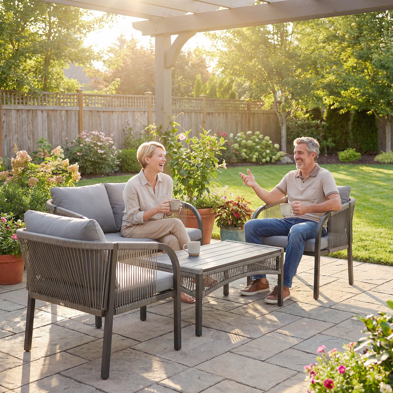 Rattan Garden Furniture Set with Sofa Armchairs and Coffee Table for Outdoor Relaxing, Grey Outsunny