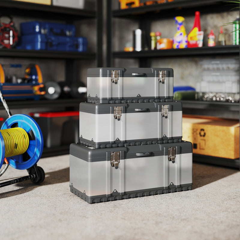 3 Piece Stainless Steel Toolbox Set With Carry Handles For Organised Tool Storage AOSOM