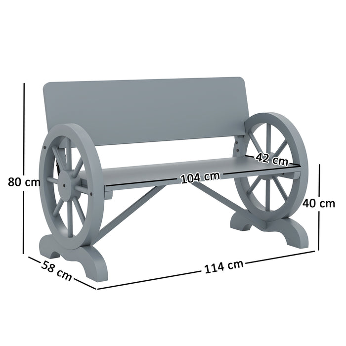 Grey 2 Seater Wooden Garden Bench with Wagon Wheel Design by Outsunny