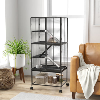 Rolling Small Animal Cage with Storage Shelf and Accessories for Ferrets or Chinchillas, Grey