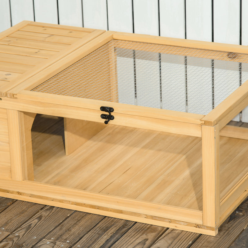 Wooden Tortoise and Reptile House with Mesh Roof Ideal for Outdoor Use, Natural Finish