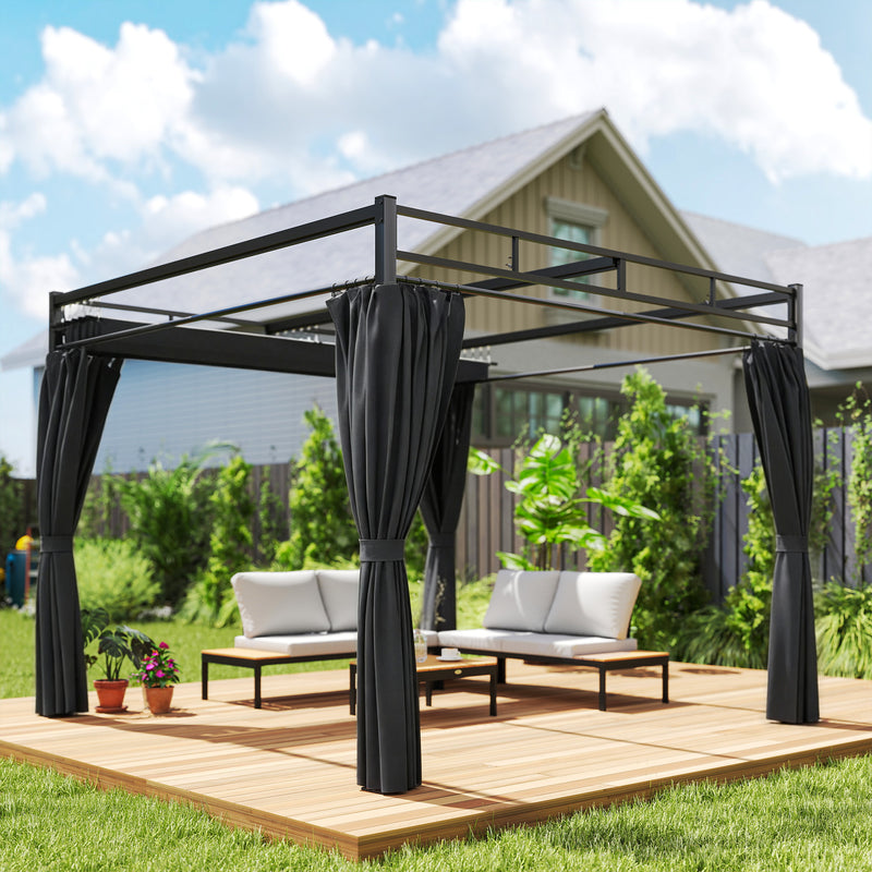 3 x 3 m Metal Garden Pergola with Retractable Canopy and Curtains UPF30 Sun Shade Dark Grey AOSOM